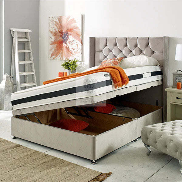 Everly Luxury Ottoman Storage Divan Bed with Winged Floor Standing Headboard Option