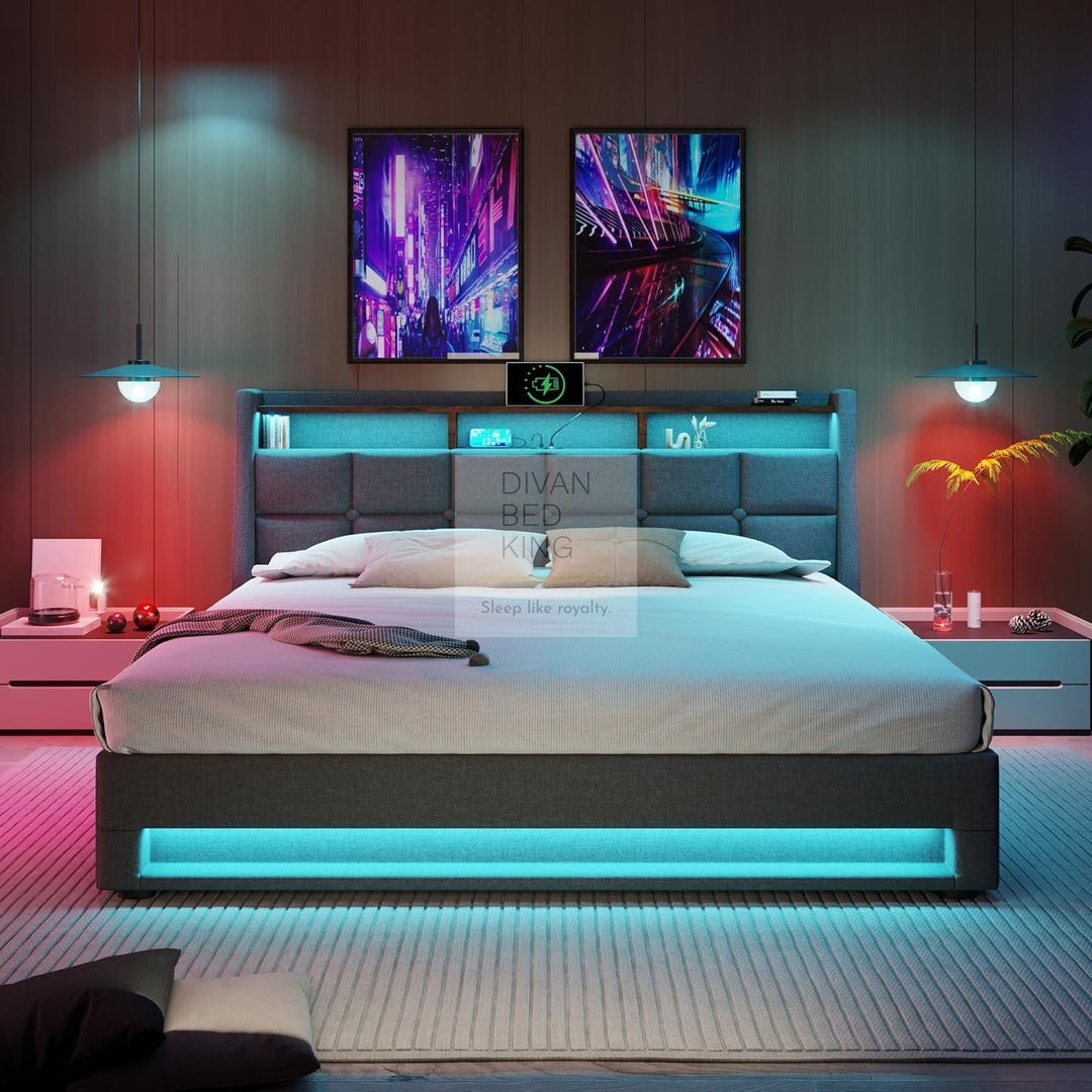 Solana Grey Linen Ottoman Storage Smart Bed with Type C, USB & Wireless Charging Headboard Shelves