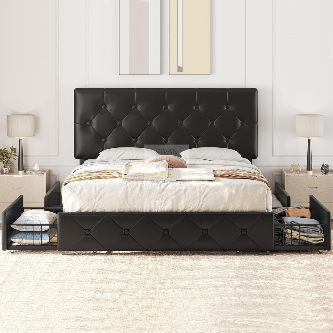 Emma Black Leather 4 Drawer Buttoned Bed Frame