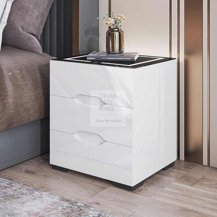 Barrera 3 Drawer White High Gloss Smart LED Bedside Table with USB and Wireless Charging