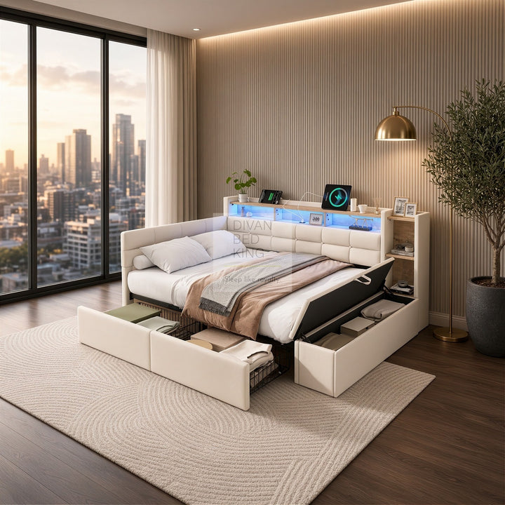 Avayah Beige Linen Smart Daybed Sofa Bed with 2 Drawers, LED Shelves Storage, USB & Type C Charging Station & Storage Box