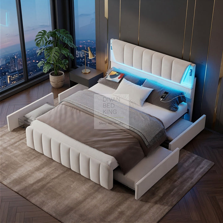 Kamari 4 Drawer Storage Beige Plush Velvet Smart Bed with with LED Lights, USB and Type-C Charging