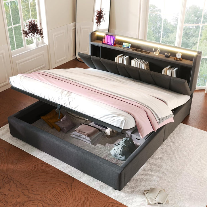 Kyoto Charcoal Linen Ottoman Bed with LED Lights, Power Outlets, Type C and USB Charging Headboard Storage Shelf