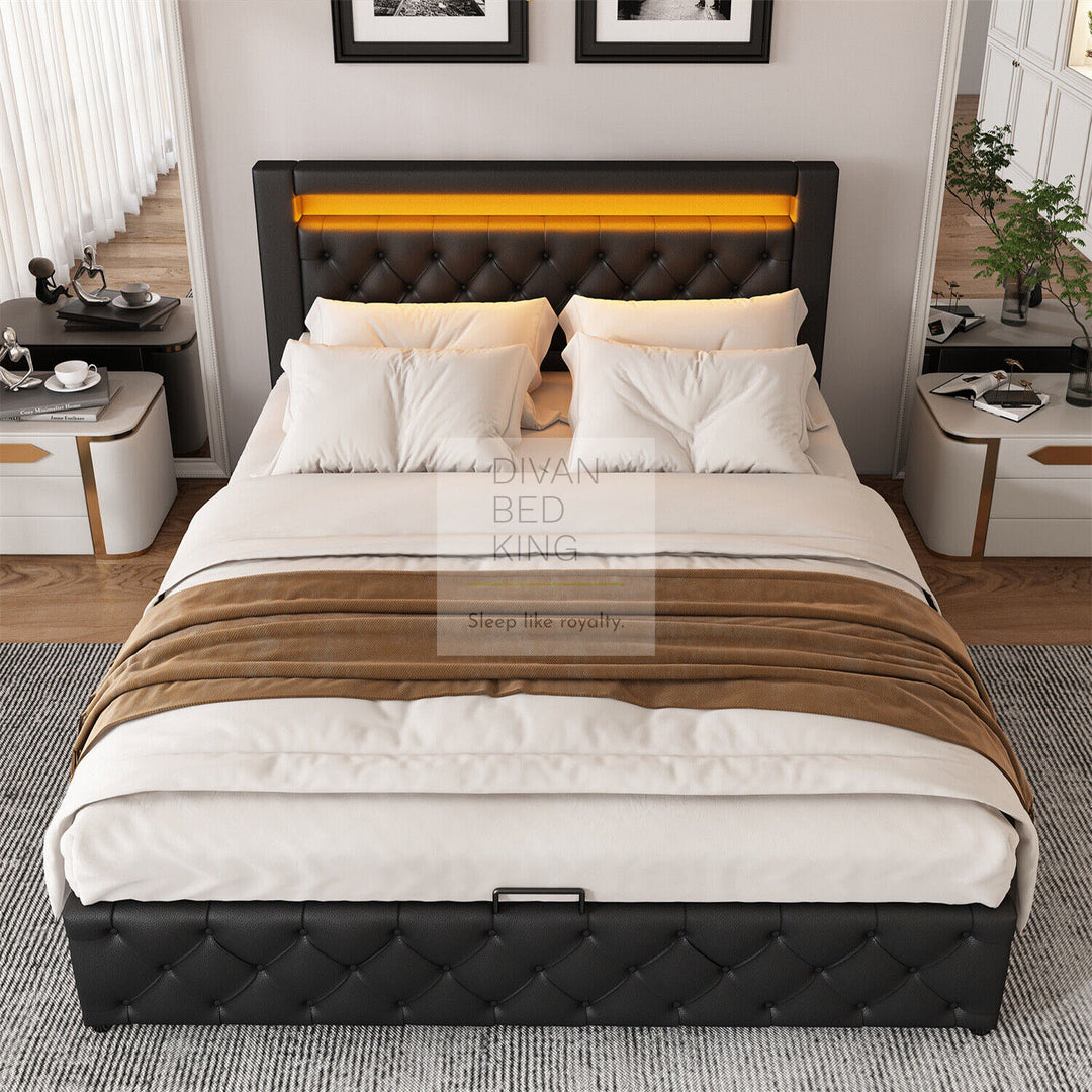 Santiago LED 4ft6 Double Black Leather Ottoman Storage Bed