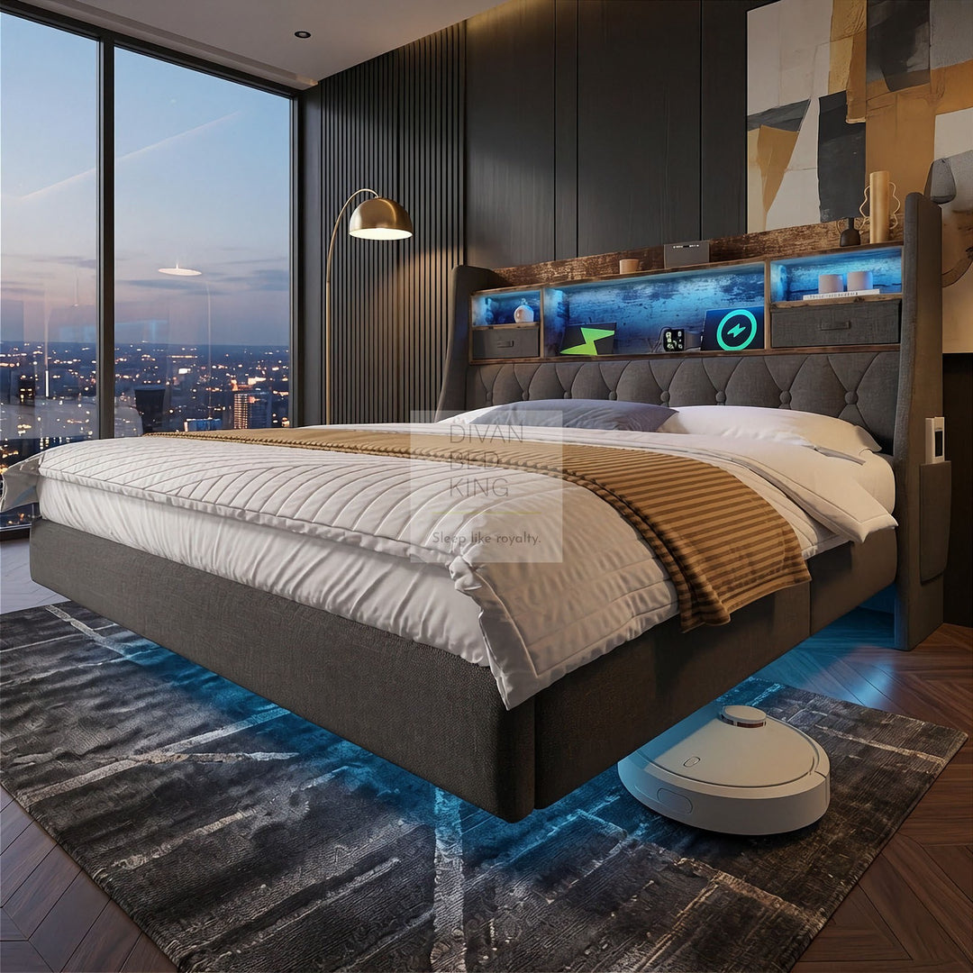 Burton Smart Metal Floating Bed Frame with Grey Padded Storage Headboard, LED Lights, USB, Type C & AC Sockets Charging Station