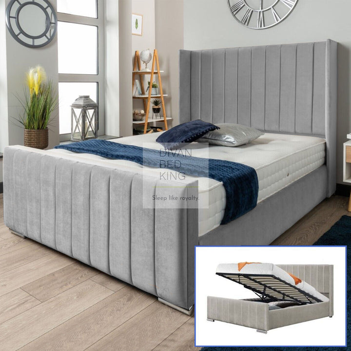 Peterina Grey Velvet Wingback Ottoman Storage Bed Frame