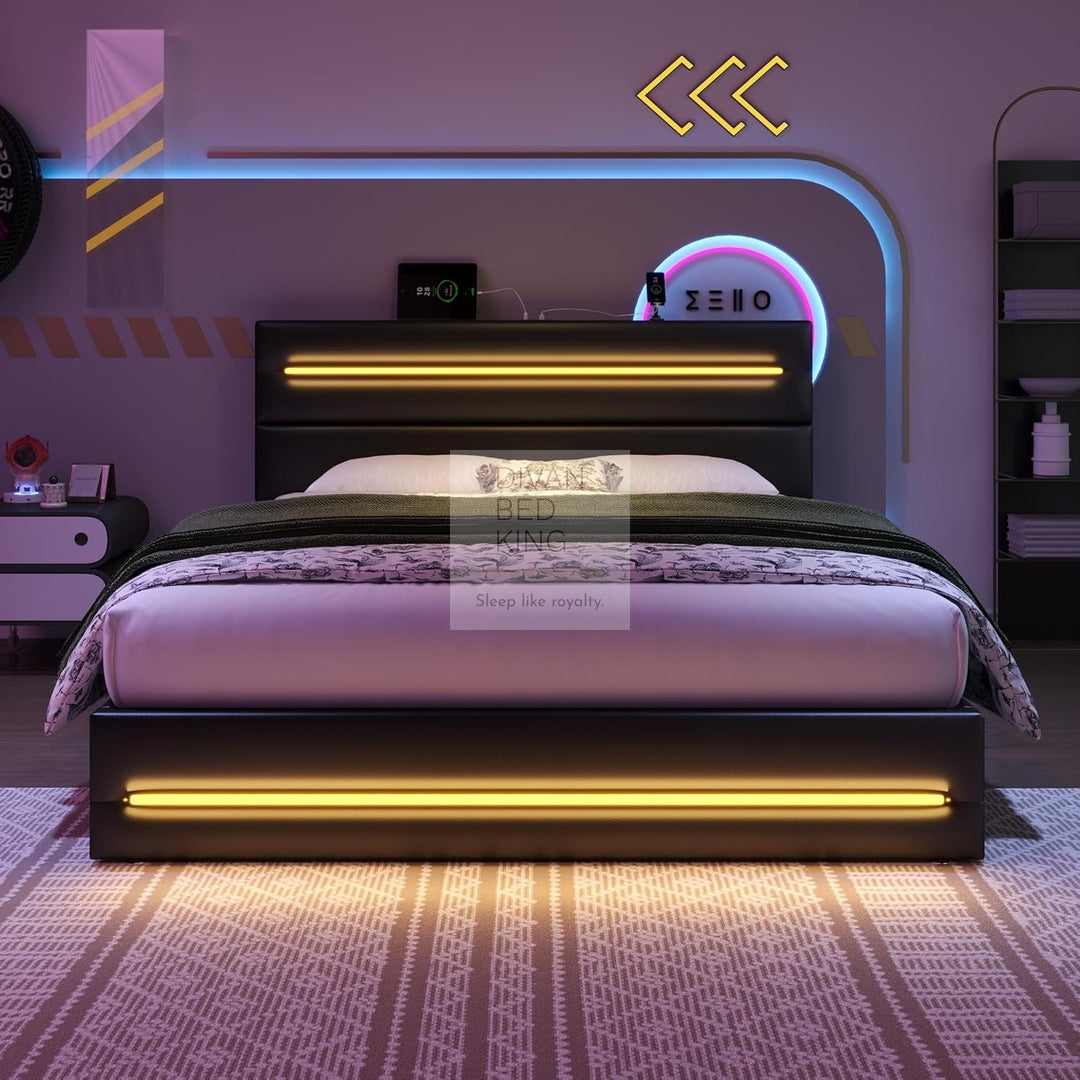 Desulo Black Leather Smart Ottoman Bed with LED Lighting, Type C, and USB Charging