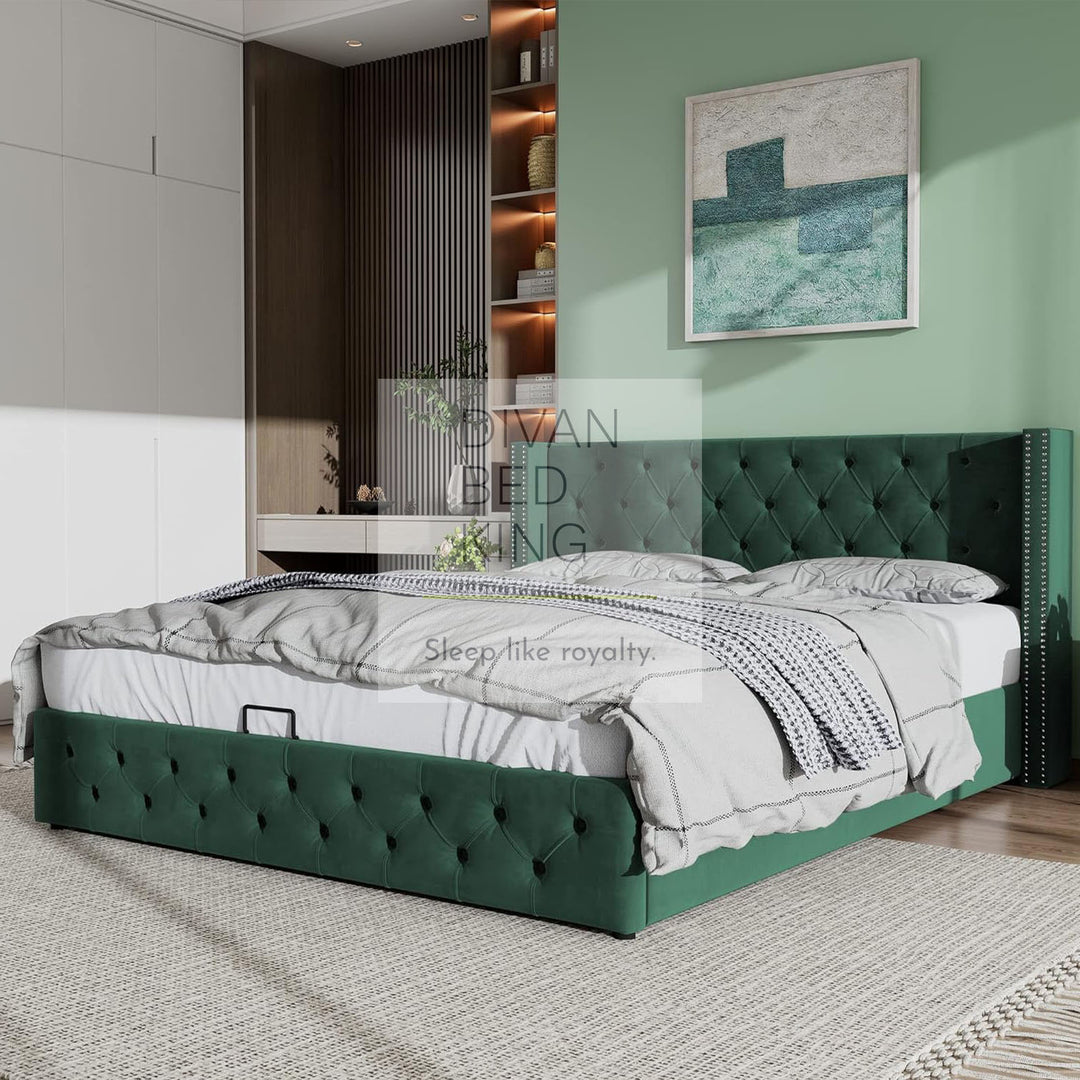 Harlow Green Plush Velvet Wingback Ottoman Storage Bed Frame