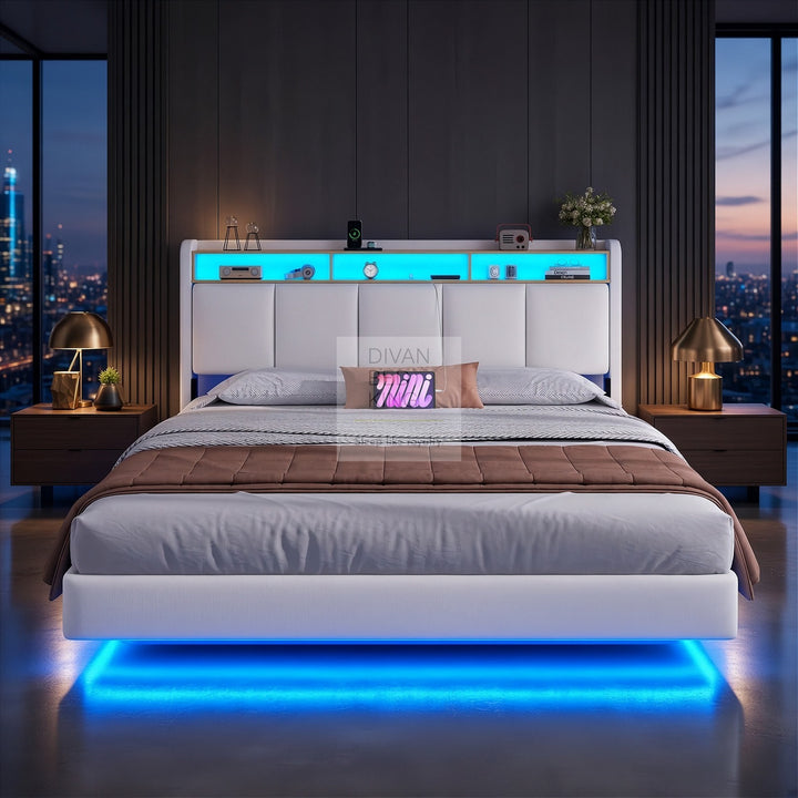 Houston Smart Metal Floating Bed with White Linen Padded Storage Headboard, LED Lights, Plug Sockets, USB & Type C Charging Station