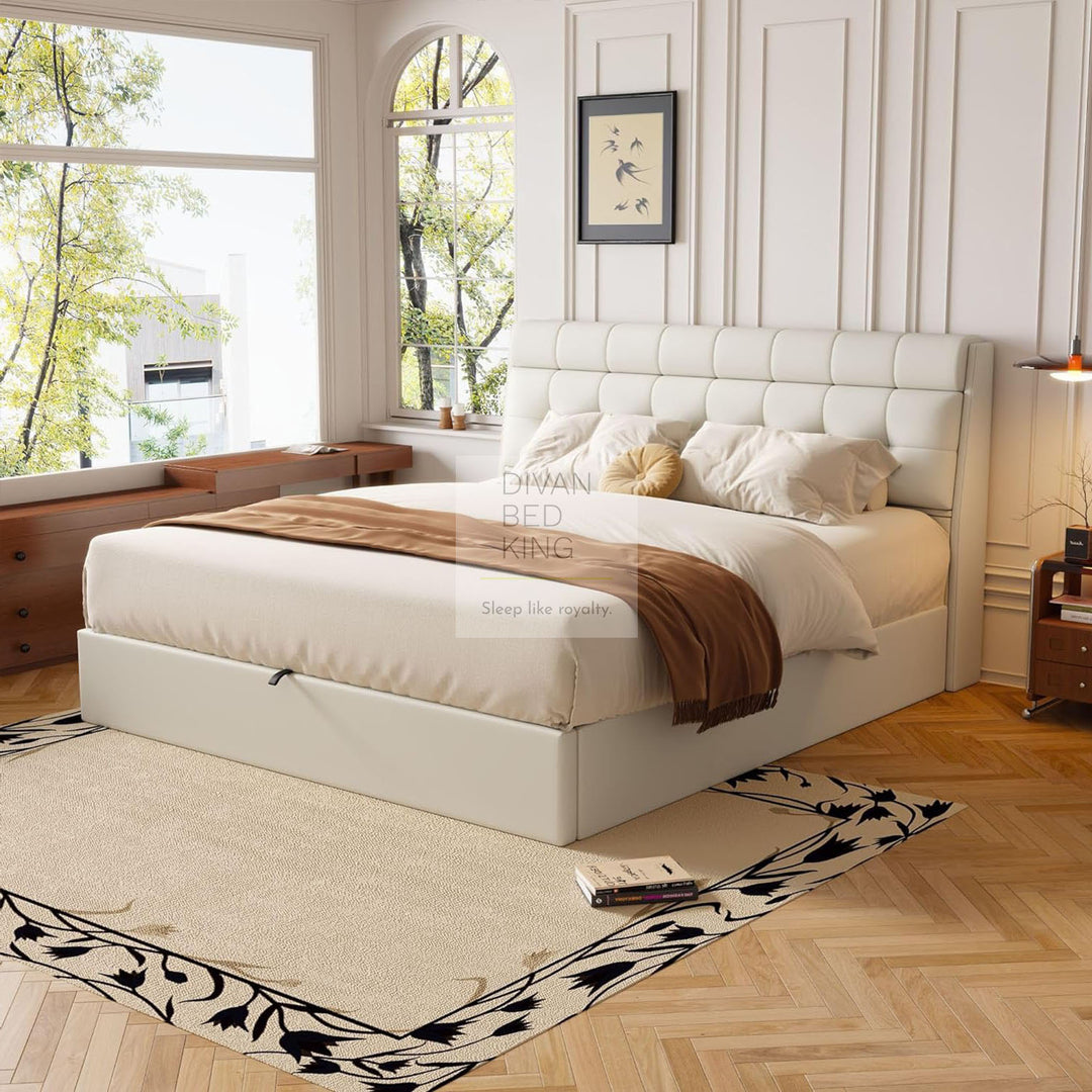 Carmine Cream Beige Leather Ottoman Storage Bed with Headboard Storage