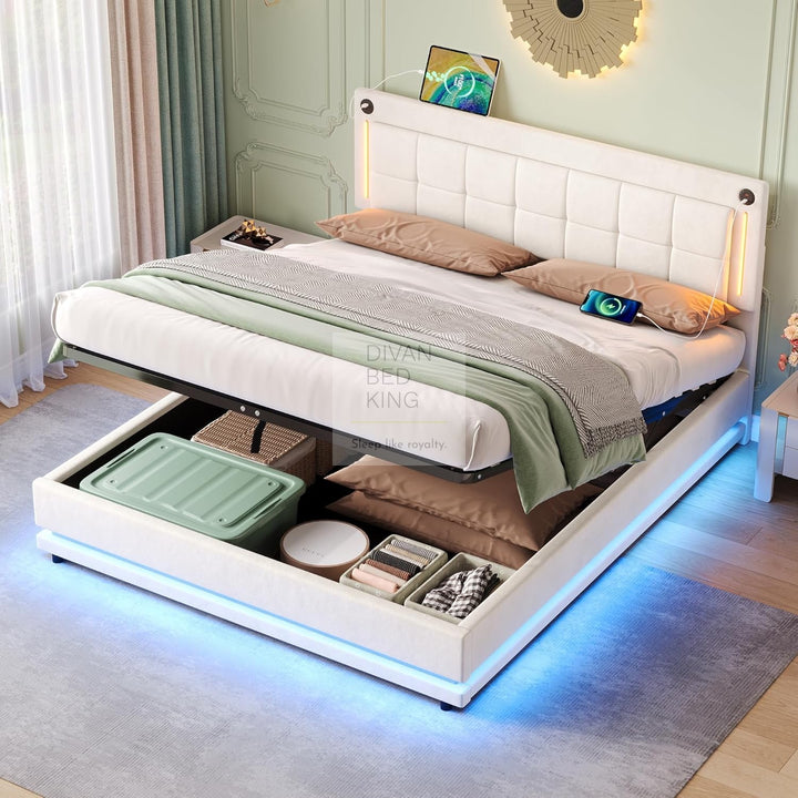 Varese Beige Velvet Ottoman Storage Smart Bed with LED Lighting, Type C and USB Headboard Shelf