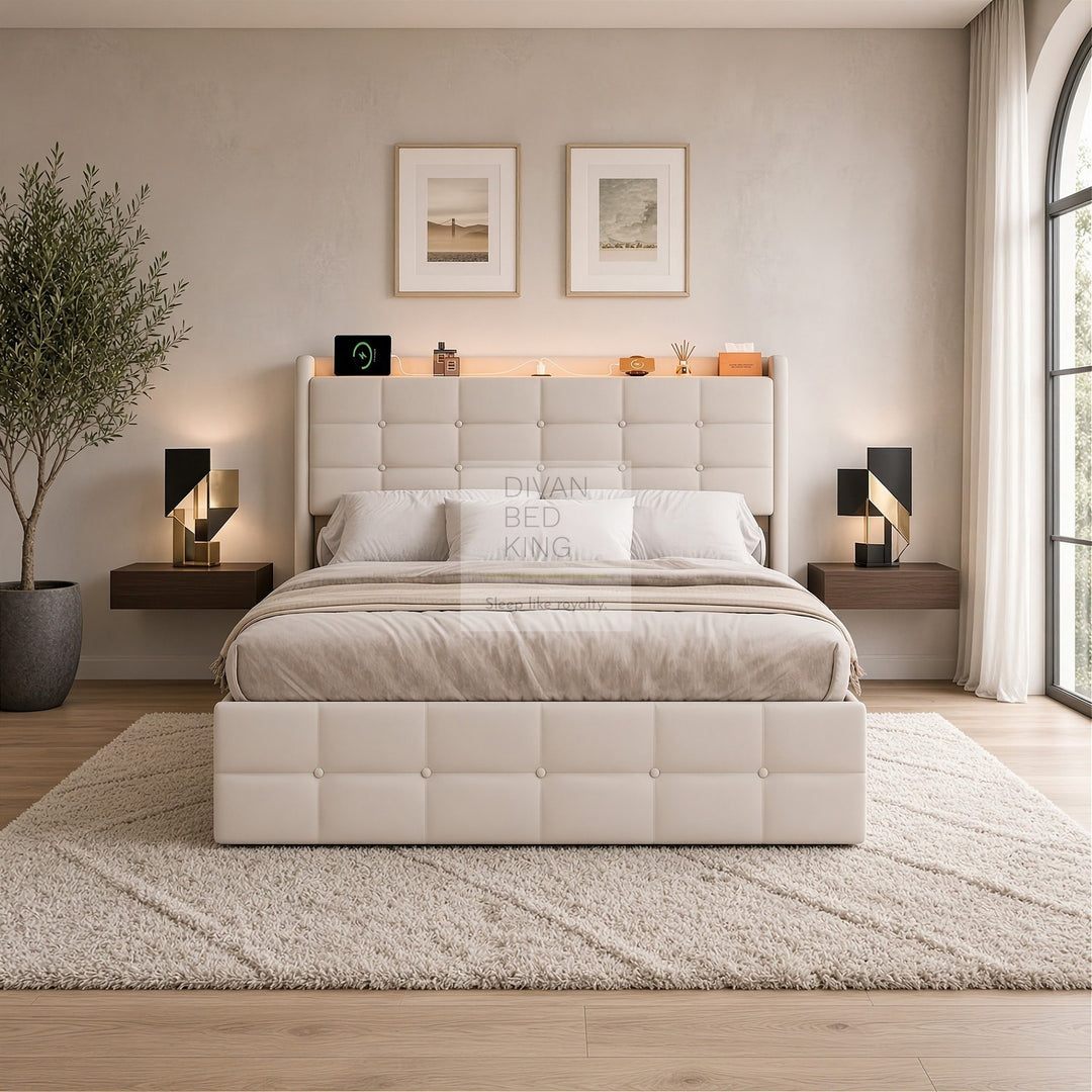 Vicente 4 Drawer Soft Beige Velvet Bed with LED Lights, Type C and USB Charging Adjustable Headboard Shelf