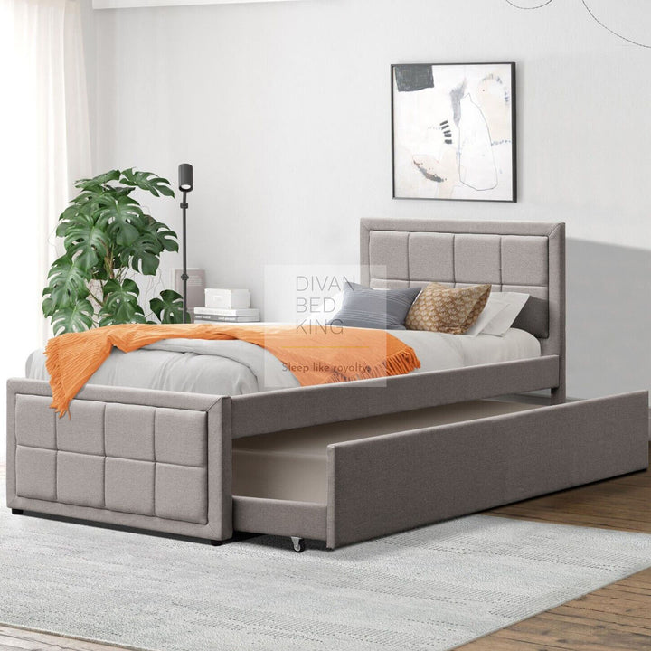 Filston Grey Linen Trundle Guest Bed with Cube Headboard Footboard