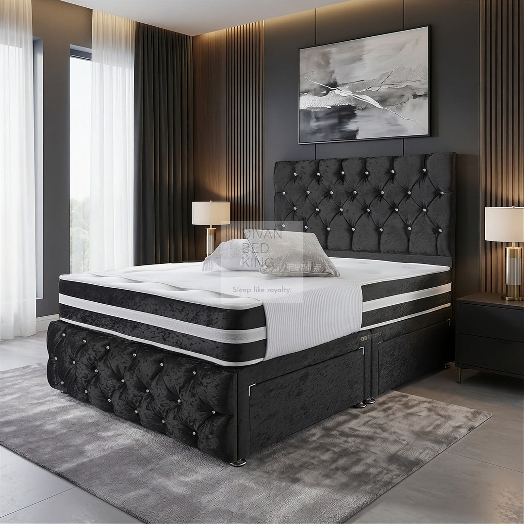 Orlando Black Crushed Velvet Divan with Airflow Spring Memory Mattress Option