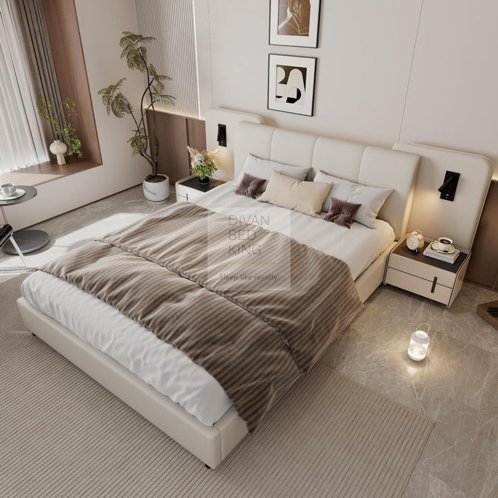 Monteleone Oversized Headboard White Leather Bed Frame with Integrated Lighting & USB Charging