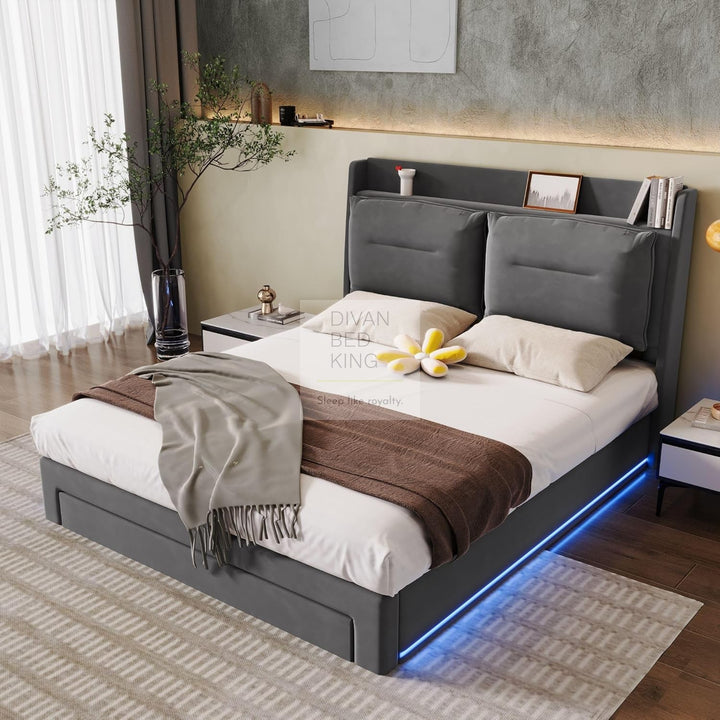 Renzo Padded Headboard Grey Ottoman Smart Bed with LED Side Panels & 1 Large End Drawer