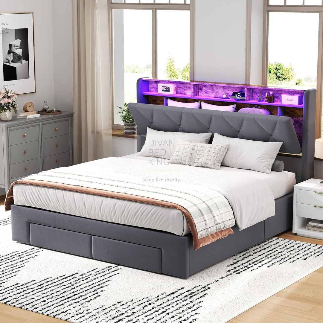 Velasquez Grey Plush Velvet Ottoman Storage Smart Bed with Type C, USB & Socket Charging Headboard Storage Shelves