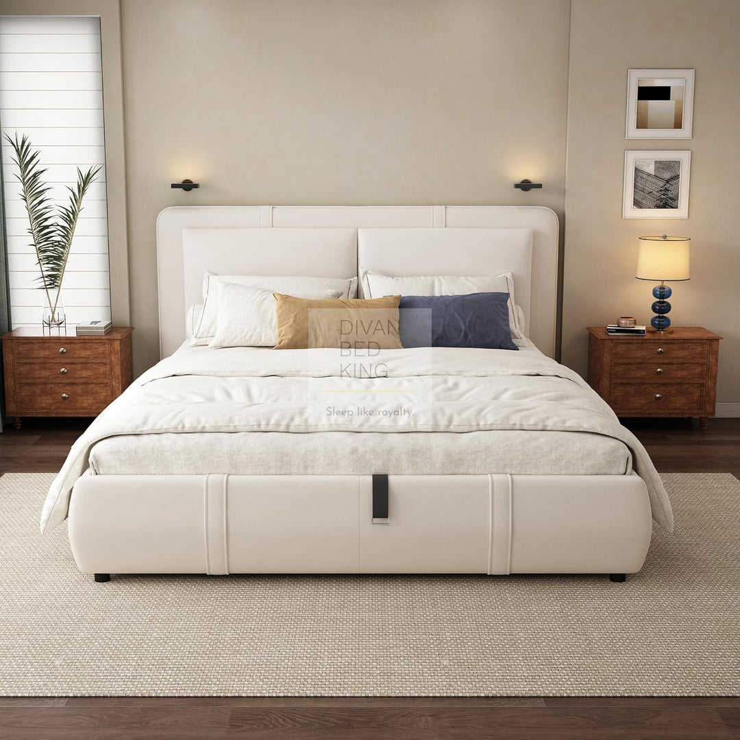 Oppia Nuova Beige Brushed Cotton Ottoman Storage Bed with Large Padded Removeable Headrests