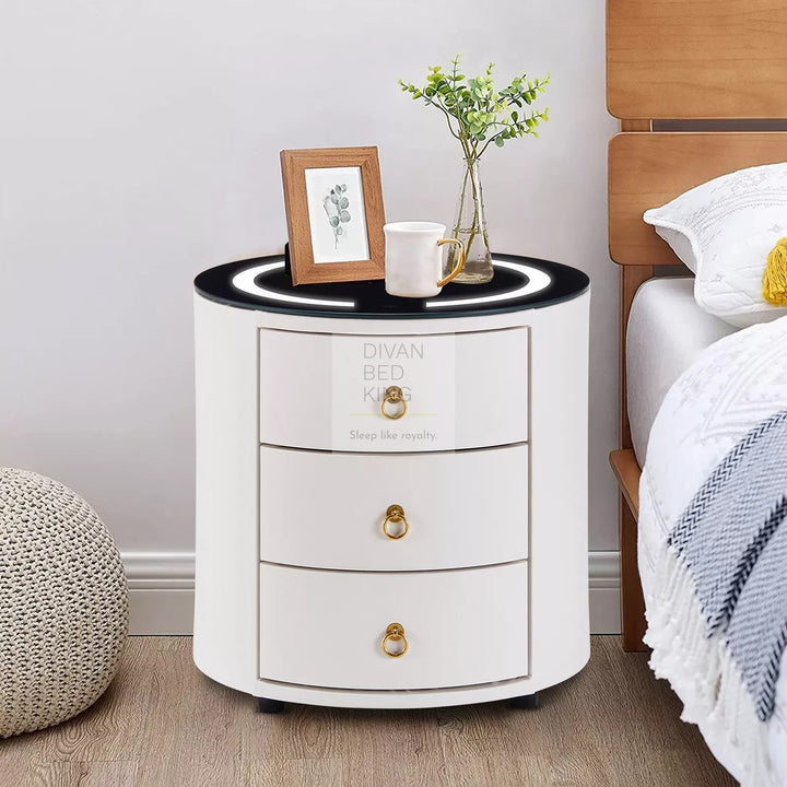 Adrastea White Leather 3 Drawer Smart LED Bedside Table with Wireless Charging