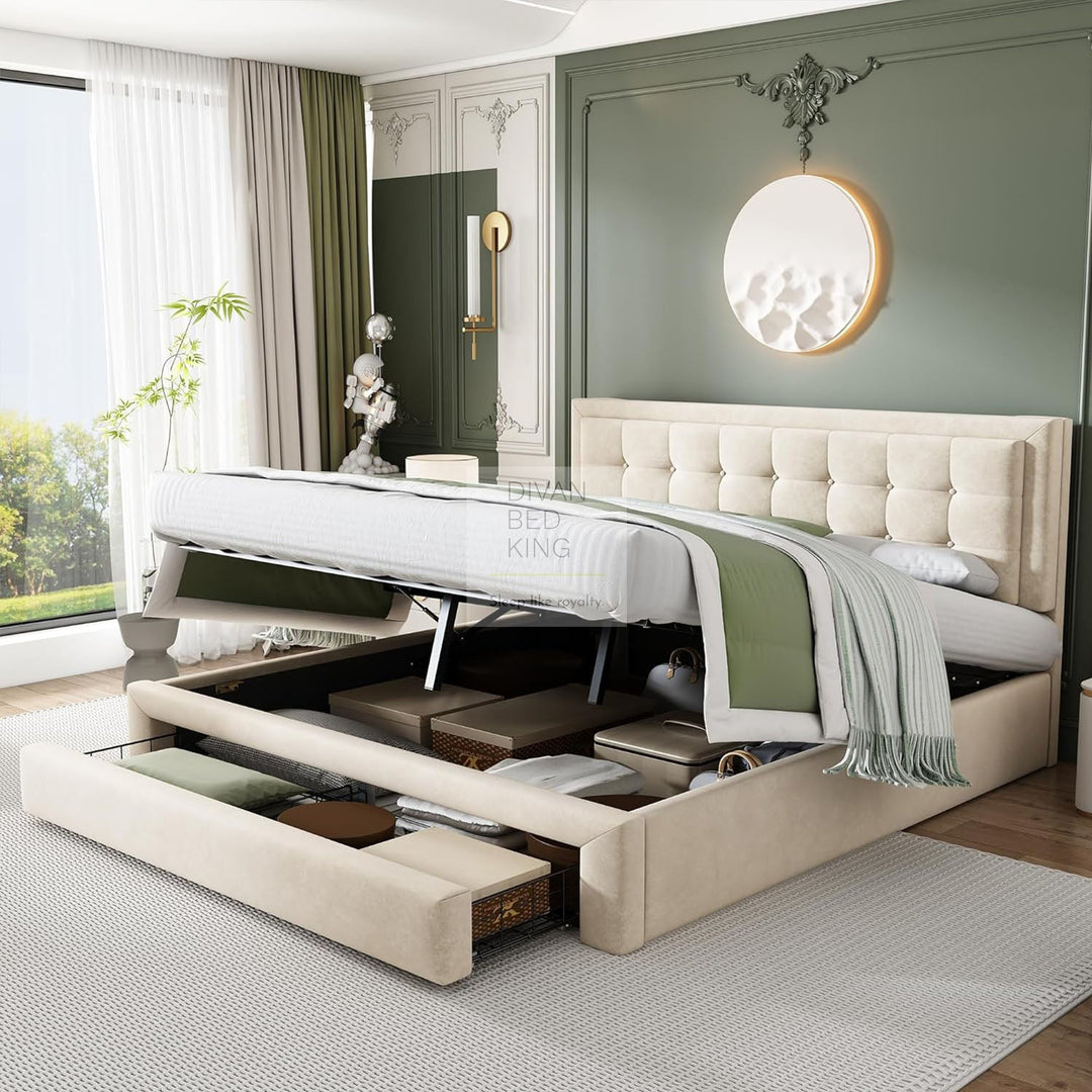 Palmiro White Beige Plush Velvet Ottoman Storage Bed with Large Drawer and Adjustable Headboard