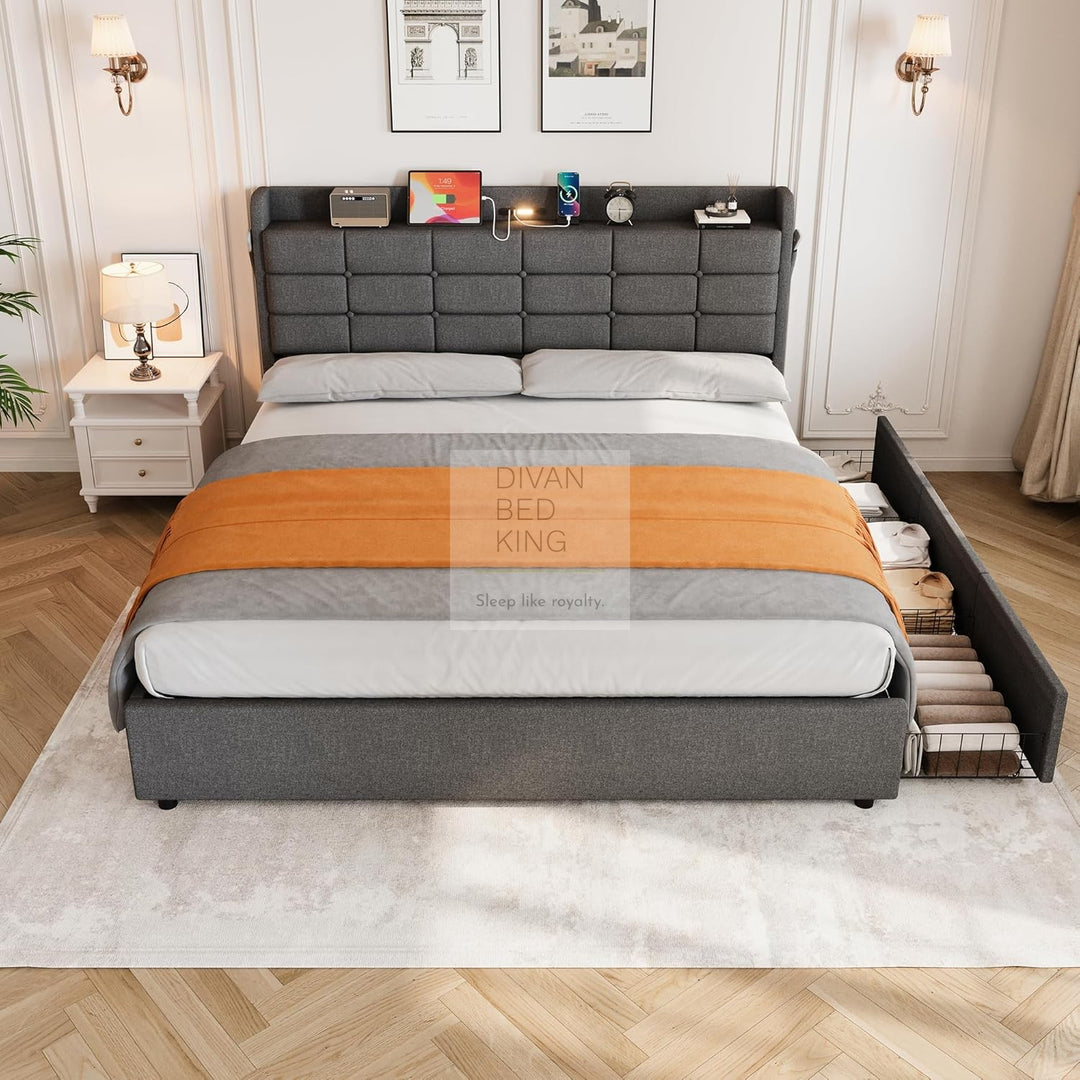 Treviso Charcoal Grey Linen 3 Drawer Ottoman Storage Bed with LED Lights, Type C and USB Charging Headboard Storage Shelf