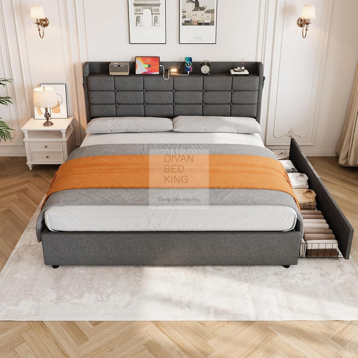 Treviso Charcoal Grey Linen 3 Drawer Ottoman Storage Bed with LED Lights, Type C and USB Charging Headboard Storage Shelf