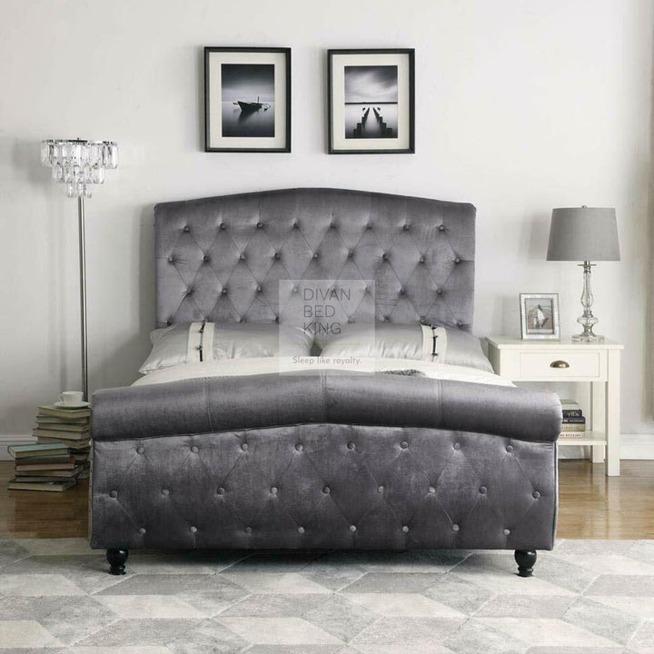 Gabrielle Grey Pewter Velvet Velour Bed Frame