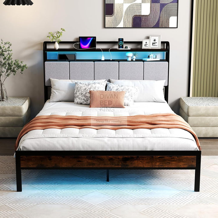 Henry Off-White Grey Linen Metal Smart Bed with 4 Optional Drawers with Headboard Shelves, LED, USB, Type-C Ports and Power Outlets