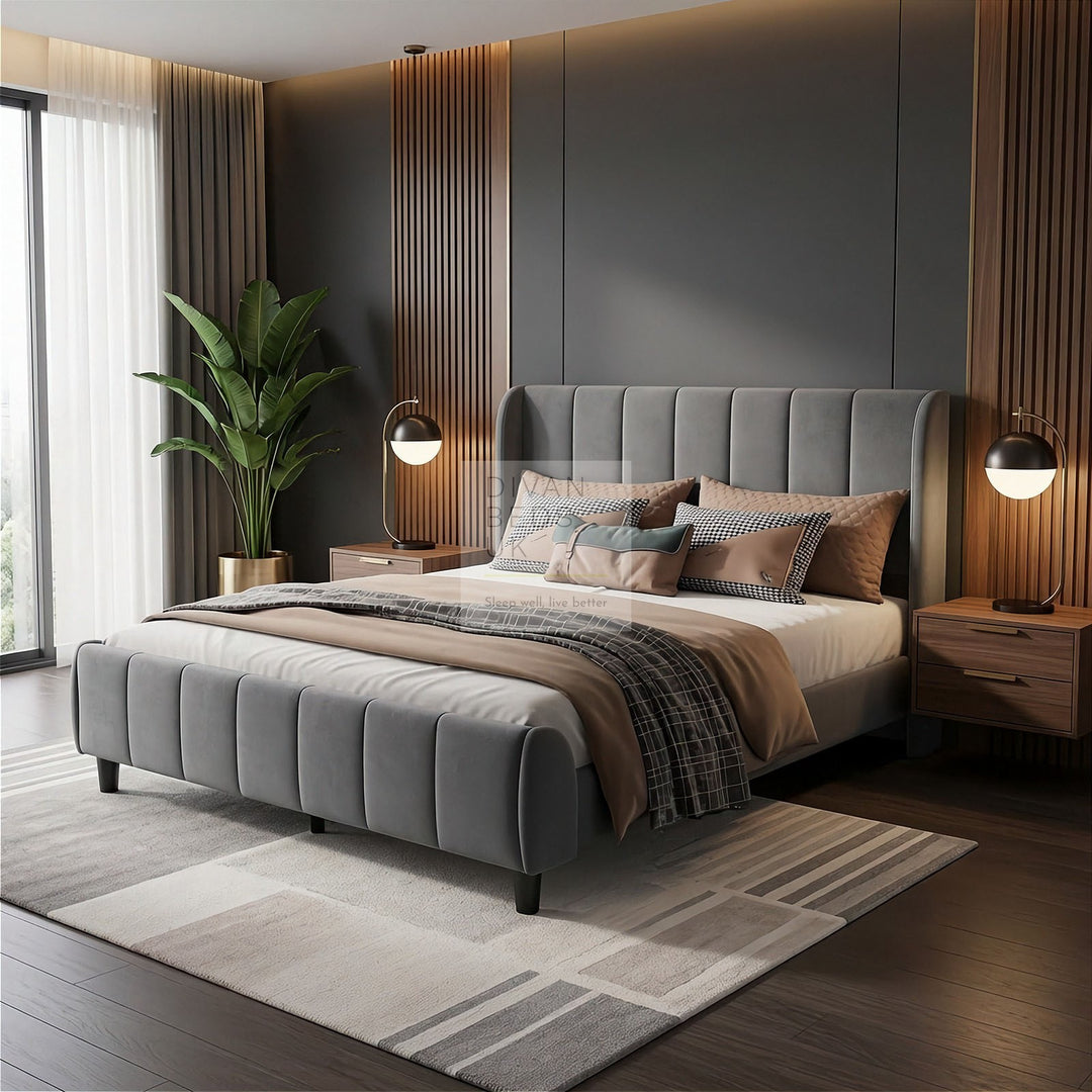 Benicio Grey Velvet Luxury Wingback Curved Upholstered Bed Frame