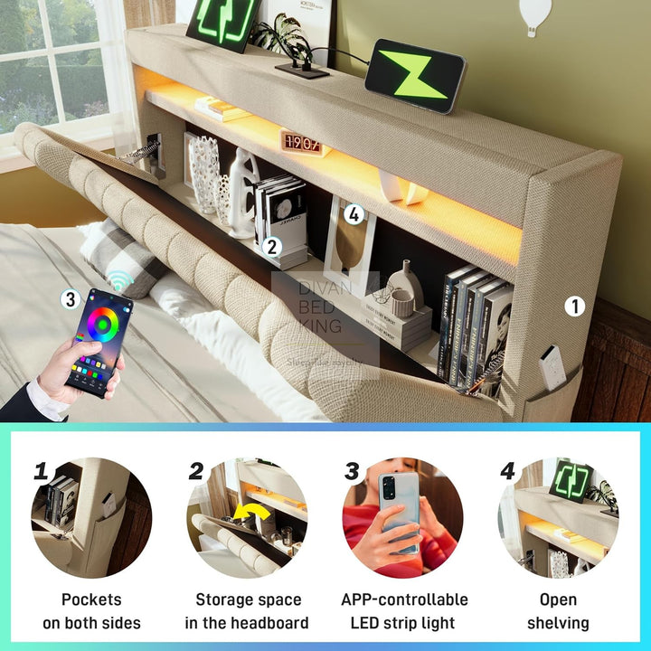 Moreno Beige Linen Wingback Ottoman Storage Smart Bed with Type C, USB & Wireless Charging Headboard Shelves