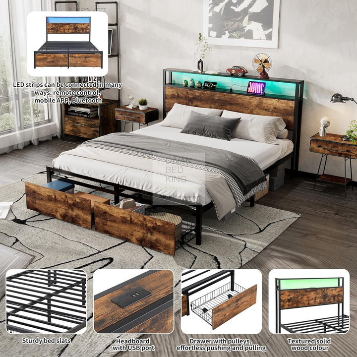 Henry Metal Divan Bed with End Drawers with Smart LED Lights, USB & Type-C Charging Station