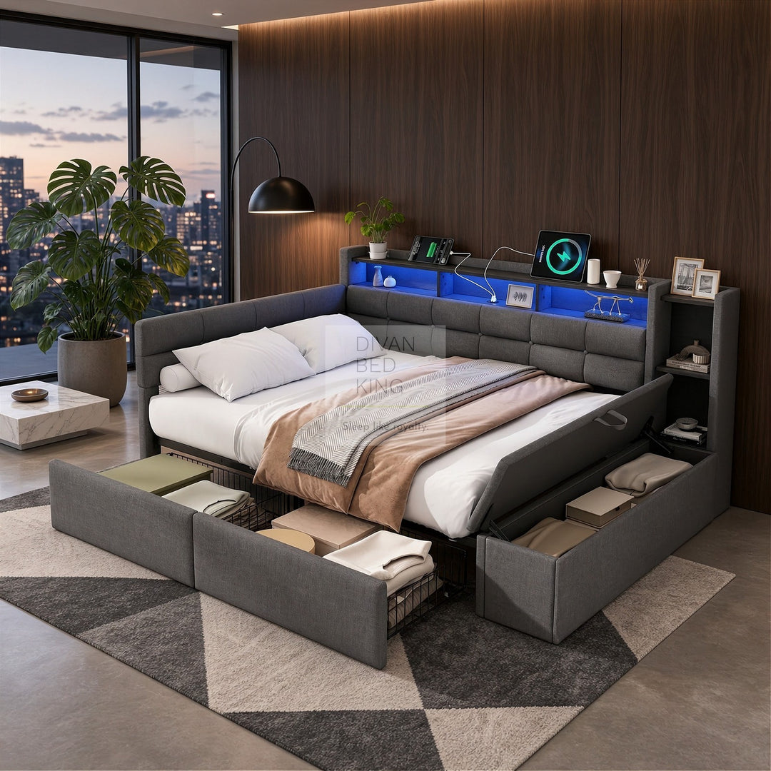 Avayah Grey Linen Smart Daybed Sofa Bed with 2 Drawers, LED Shelves Storage, USB & Type C Charging Station & Storage Box