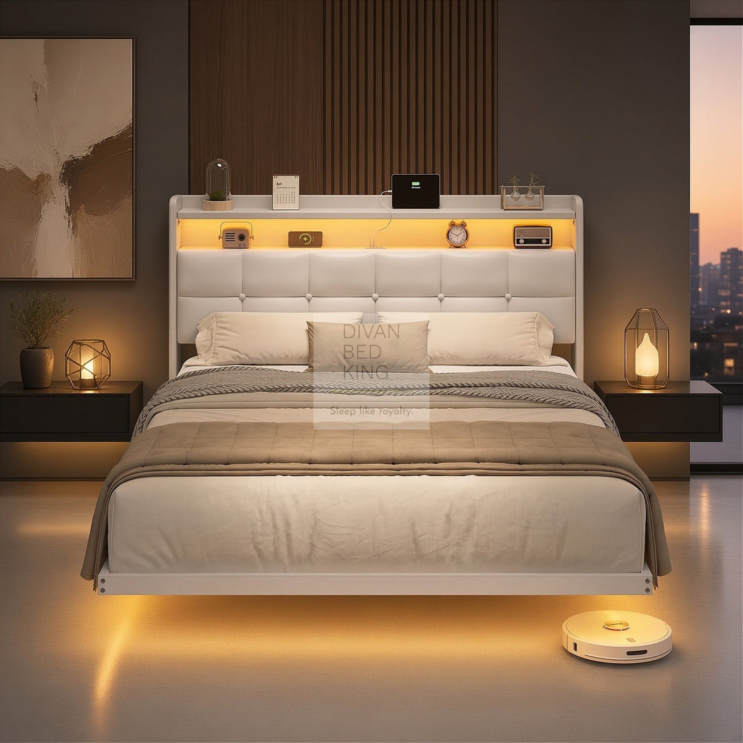 Harleigh Smart Metal Floating Bed with Off-White Padded Storage Headboard, LED Lights, Plug Sockets, USB & Type C Charging Station