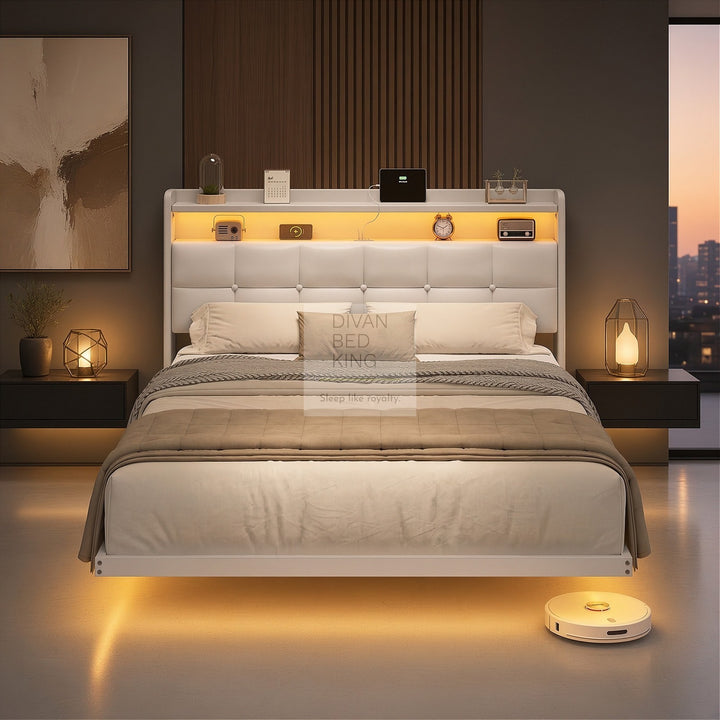 Harleigh Smart Metal Floating Bed with Off-White Padded Storage Headboard, LED Lights, Plug Sockets, USB & Type C Charging Station