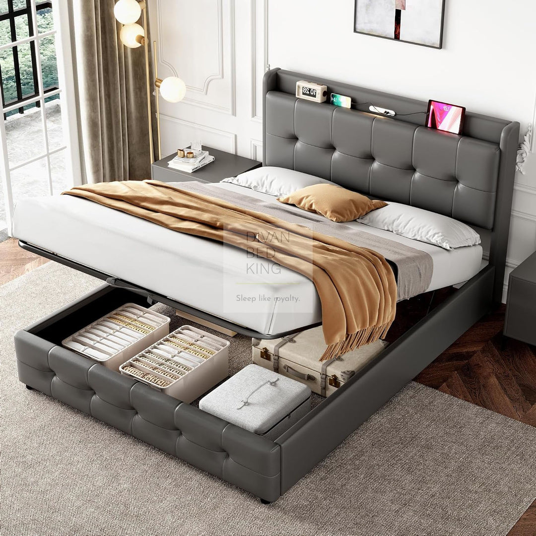 Serafina Grey Leather Ottoman Bed with Headboard Storage + USB + Type C Charging