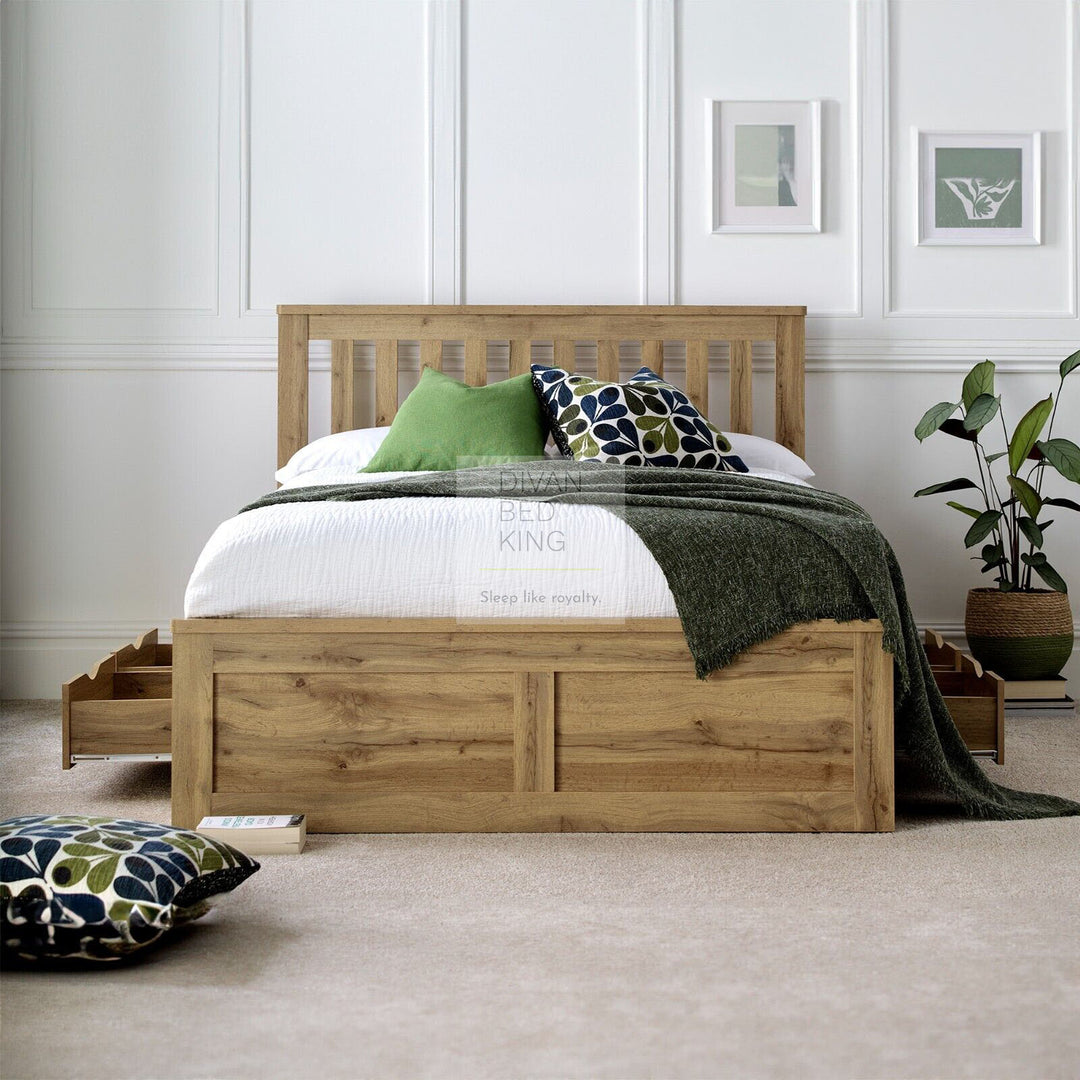 Leonel Oak Wooden 4 Drawer Storage Bed Frame