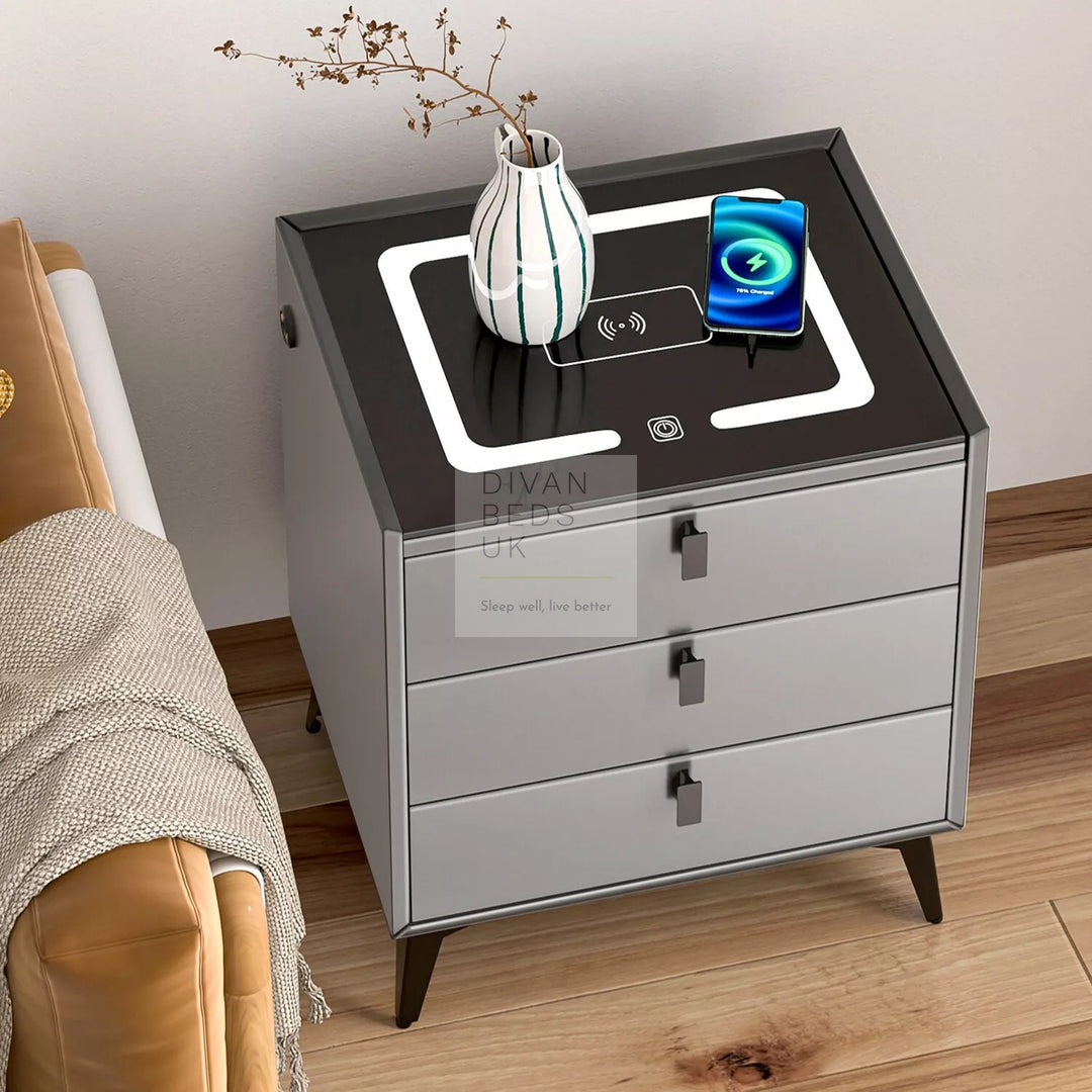 Elara Grey 3 Drawer Smart LED Bedside Table with USB, Type C and Wireless Charging