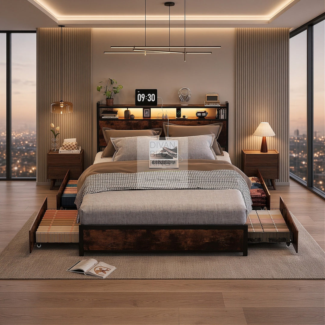 Henry Metal Wooden Hybrid Brown Bed with 4 Drawers with Headboard, LED Reading Lights, Sockets, USB, Type C Charging
