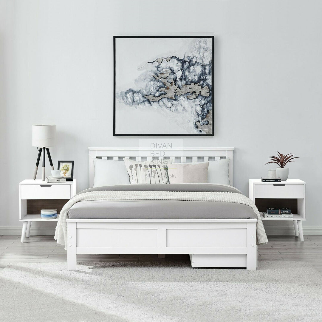 Halvard White Wooden Bed with Drawers