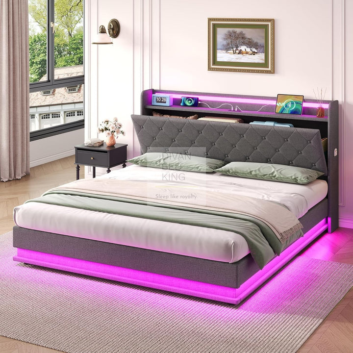 Castello Grey Linen Ottoman Storage Bed with LED Lights, Type C and USB Charging Headboard Storage Shelf