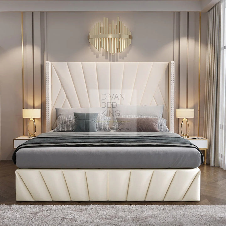 Veneto Cream Beige Luxury Upholstered Headboard Ottoman Storage Bed