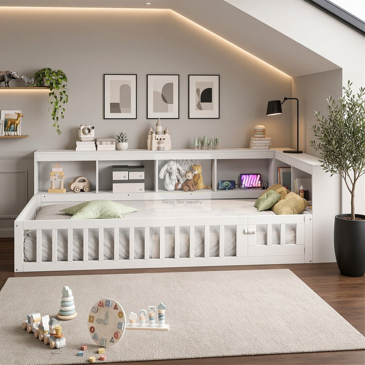 Woodward White Wooden Low Floor Bed with Type C and USB Charging Headboard Storage Shelf