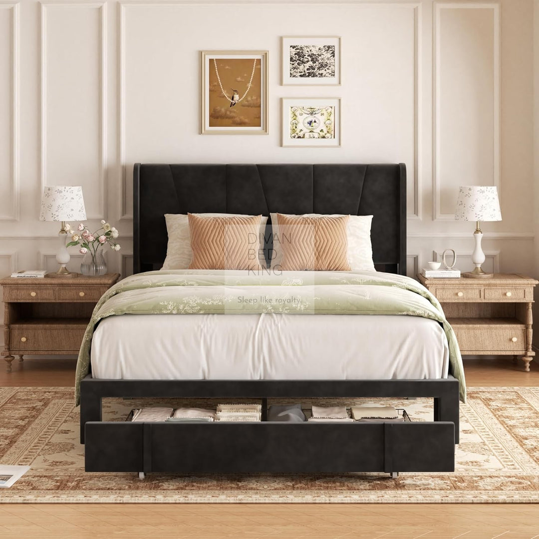 Catanzaro Wingback Black Linen Bed Frame with Large End Drawer Storage