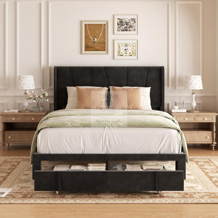 Catanzaro Wingback Black Linen Bed Frame with Large End Drawer Storage