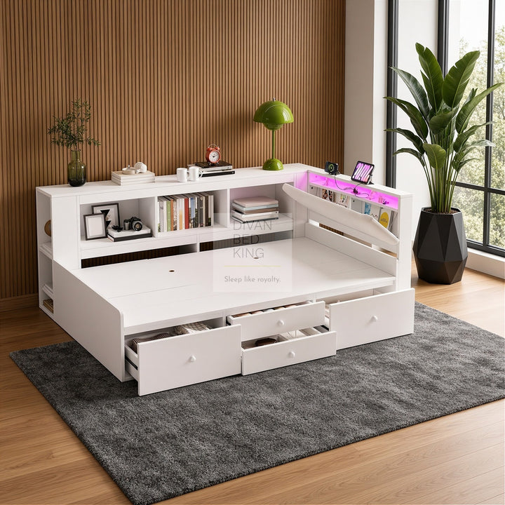 Hartman White Wooden Smart Day Bed with LED Lights, Type C and USB Charging Linen Headboard Storage Shelf