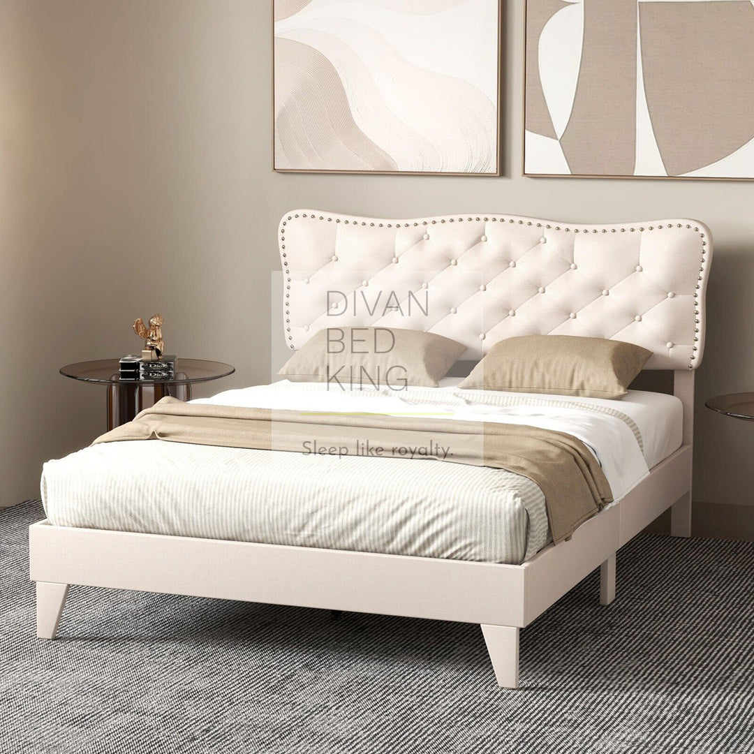 Gatsby Beige Cream Linen Bed with Buttoned Headboard