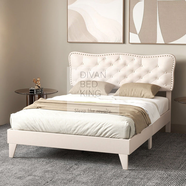 Gatsby Beige Cream Linen Bed with Buttoned Headboard