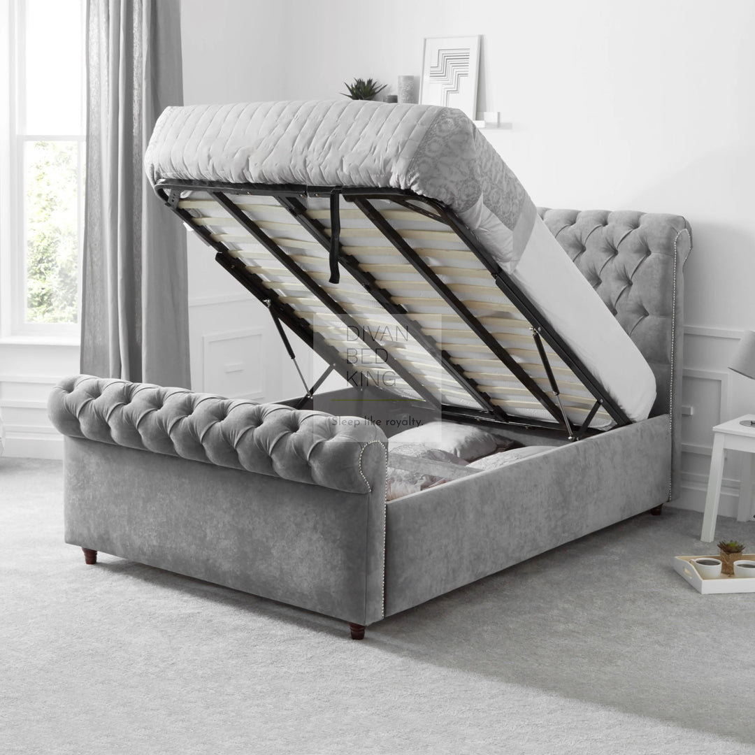 Penelope Upholstered Scroll Sleigh Ottoman Bed Frame