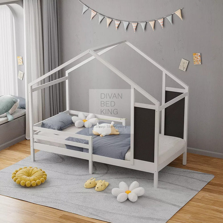 Pamina White Treehouse 3ft Single Bed Wooden with Blackboard & Canopy Kids Sleeper Pine House Low Childs