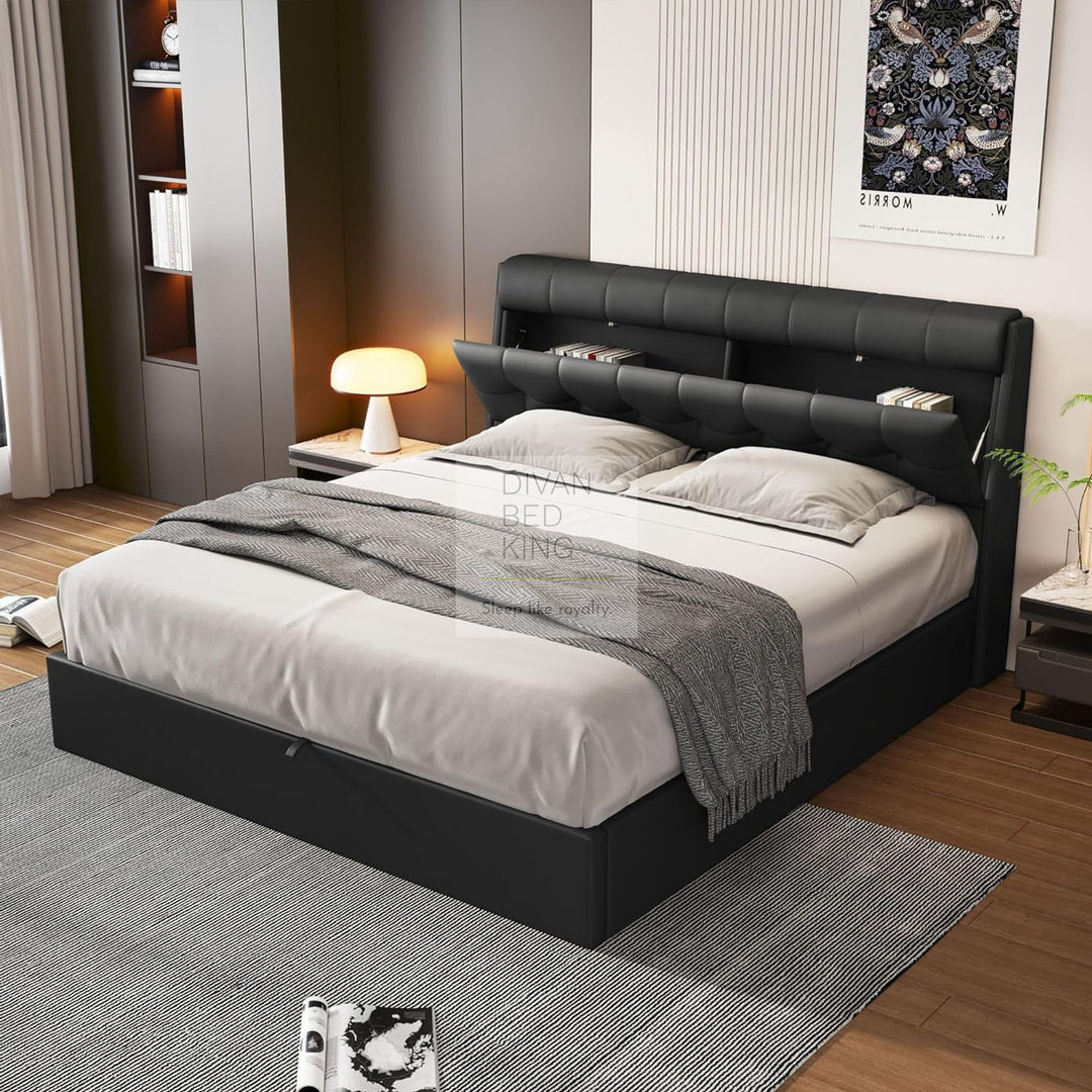 Carmine Black Leather Ottoman Storage Bed with Headboard Storage